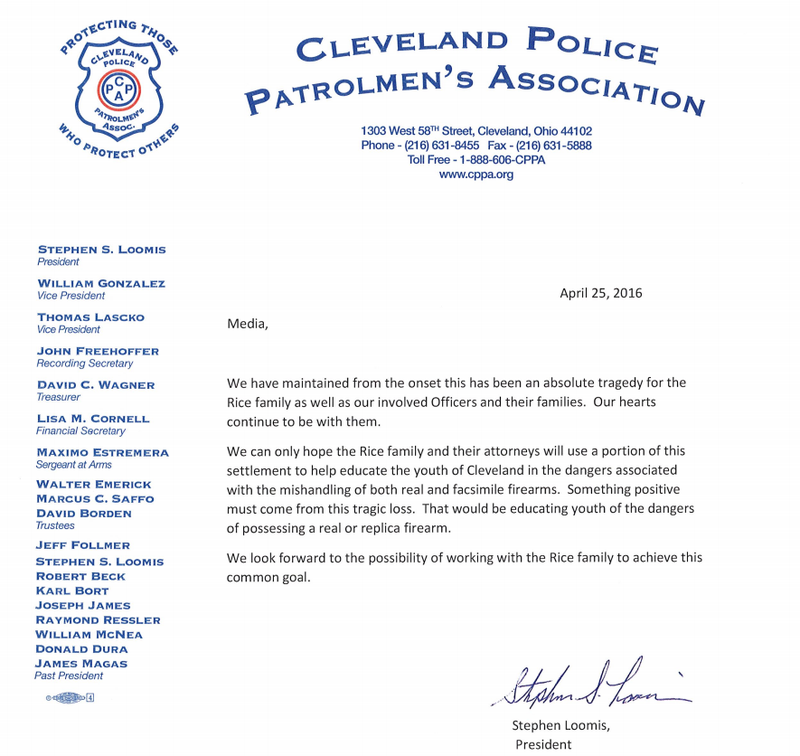 Tamir Rice police union letter